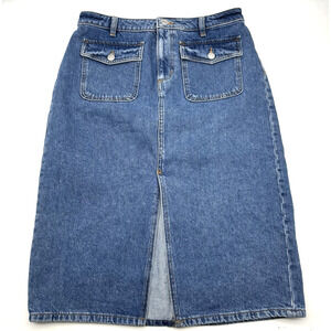 Vintage 00s Y2K LOFT Medium Wash Mid Rise A-line Denim Midi Skirt 8P 29x26.5"